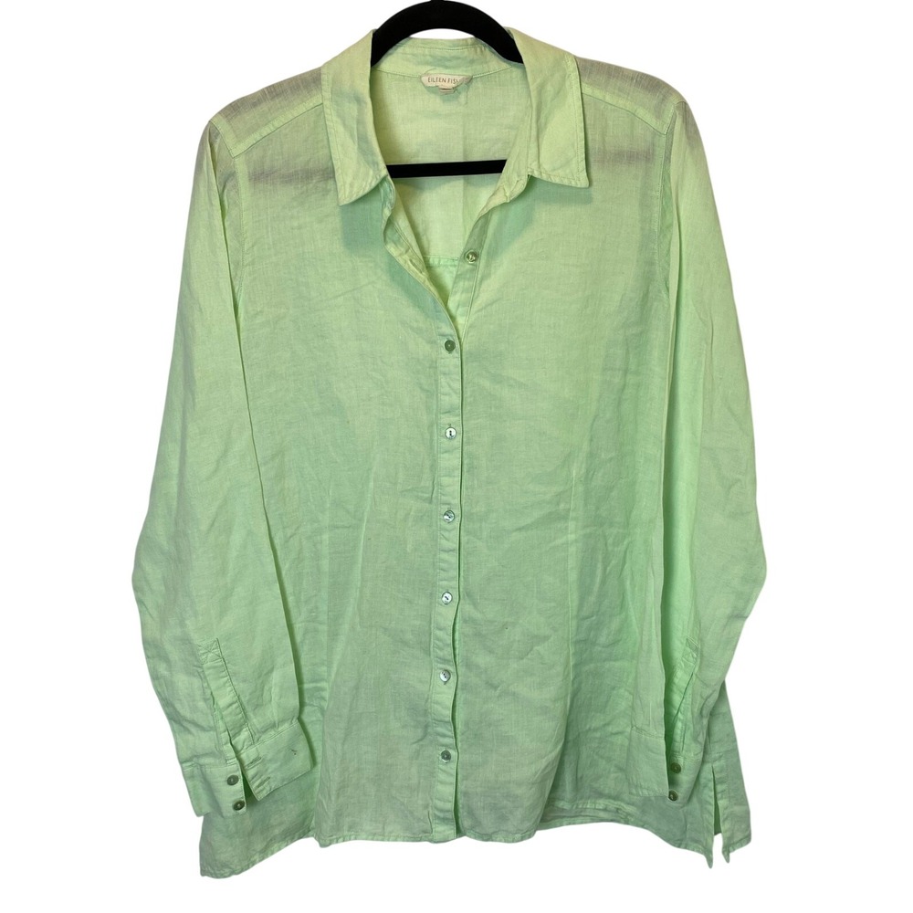 Eileen Fisher Women's Lime Green Size Small Linen Button Up Shirt Tunic‎ Top